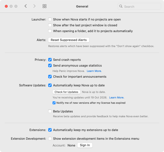 Screenshot: Nova: Settings. General