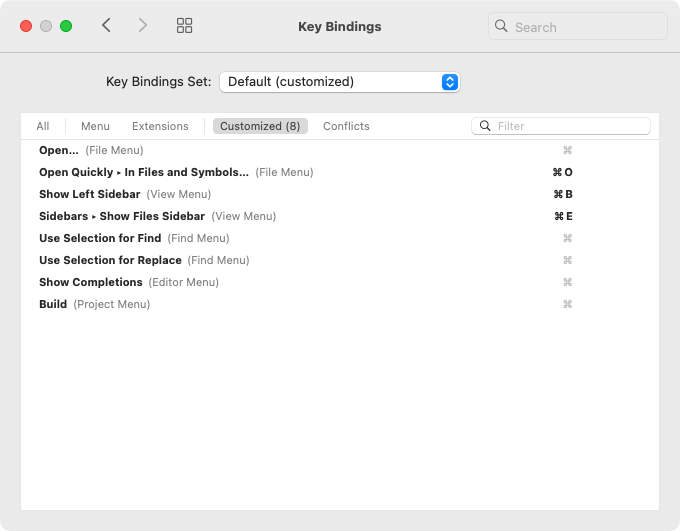 Screenshot: Nova: Settings: Customized key bindings