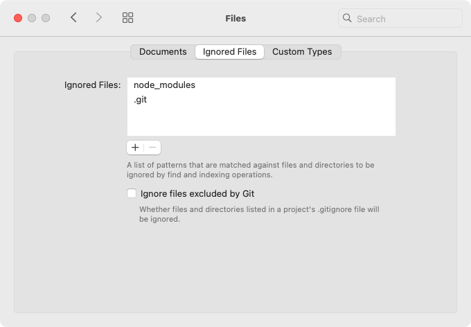 Screenshot: Nova: Settings: Files: Ignored Files