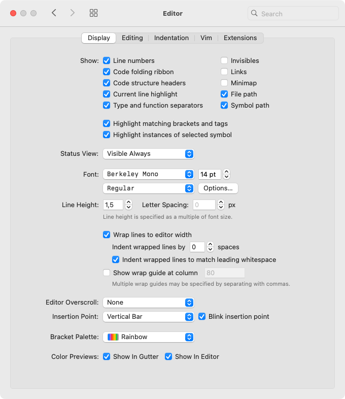 Screenshot: Nova: Settings: Editor: Display