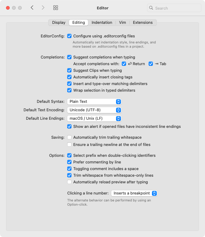 Screenshot: Nova: Settings: Editor: Editing