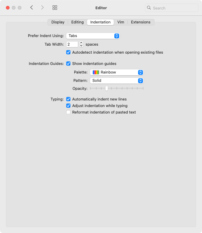 Screenshot: Nova: Settings: Editor: Indentation