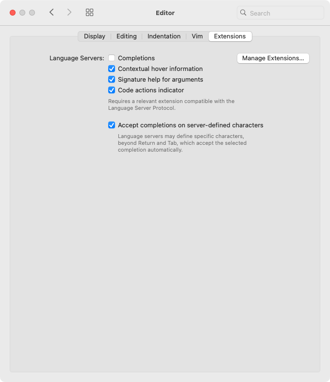 Screenshot: Nova: Settings: Editor: Extensions